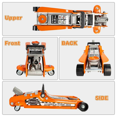 Multiple views of a 2.5 Ton Steel Floor Jack With Low Profile Design, Hydraulic Racing Floor Jack, heavy-duty with beefy single piston lift pump.