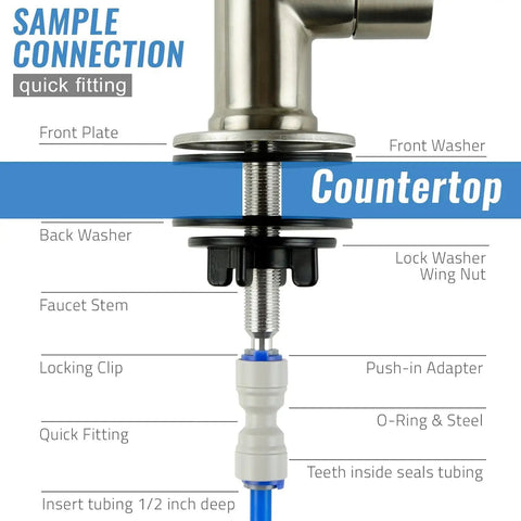 Sample connection diagram of Lead Free Reverse Osmosis Bar Sink Faucet With High Chrome Spout 360 Degree Swivel Quarter Turn Handle Solid Brass Construction Ceramic Disc Valve One Quarter Inch Connection Perfect Under Sink RO Filtration Upgrade For Pro Grade Convenience showing installation parts.