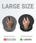 Comparison of ergonomic gel wrist rest mouse pad with non-slip base in large 10.6 by 9 inch size versus smaller size, showing hand usage.