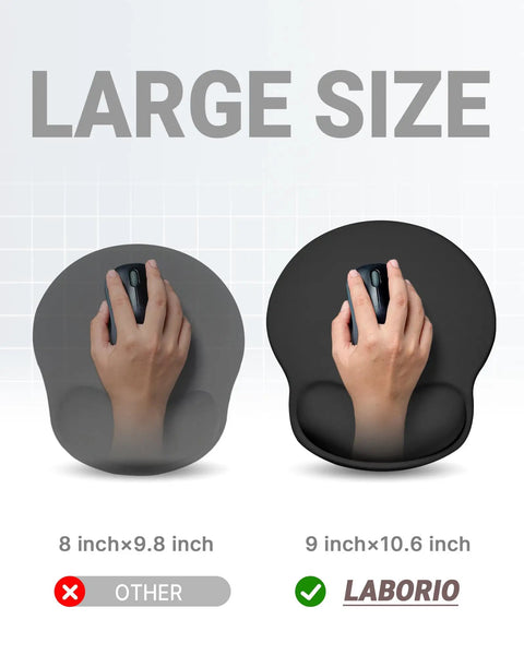 Comparison of ergonomic gel wrist rest mouse pad with non-slip base in large 10.6 by 9 inch size versus smaller size, showing hand usage.