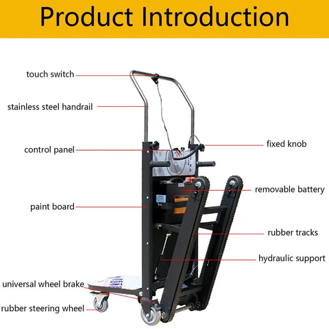 Heavy Duty Electric Stair Climbing Hand Truck Dolly With Foldable Toe Plate And Non Slip Rubber Tires For Effortless Moving Of Heavy Furniture And Warehouse Logistics Up And Down Stairs, featuring touch switch and stainless steel handrail.
