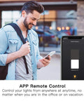 Man using smartphone app to control Dimmable Smart Plug 2 Pack With Sunrise And Sunset Simulation outdoors