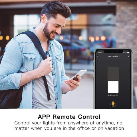 Man using smartphone app to control Dimmable Smart Plug 2 Pack With Sunrise And Sunset Simulation outdoors