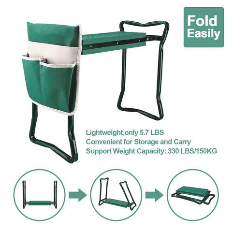 Heavy Duty Garden Kneeler And Seat Stool With Folding Bench Large Tool Pocket, Comfortable Support, Folded View