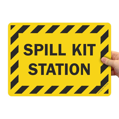 Spill Kit Station Label 10x14 Inch Laminated Vinyl Black On Yellow Durable Outdoor Sticker For Spill Response In Industrial Environments Weatherproof And Graffiti Resistant