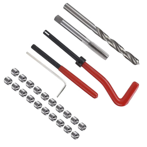 Thread Repair Kit M8x1 25mm Complete Set With Drill Bit, 20 Inserts, Hex Wrench, And Extra Pro Grade Tools For Quick And Easy Thread Repairs In Metal, Plastic, And Aluminum Surfaces. set with drill bit, inserts, and wrench