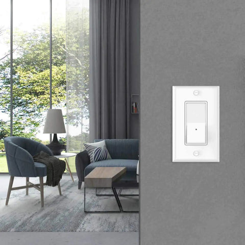 Two Pack Illuminated Light Switch With Led Night Light Paddle Rocker Wall Switch Automatic On Off Sensor Single Pole 15 Amp 120 277 Volt White Finish Plug And Play No Brainer Install No Neutral Needed installed in modern living room wall.