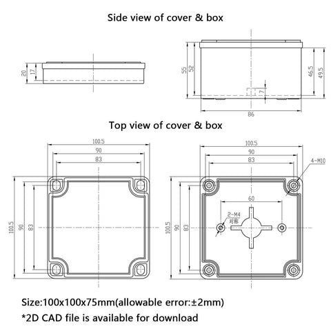 Technical drawing of Outdoor IP67 Waterproof Junction Box With Mounting Plate, Weatherproof ABS Project Box dimensions.