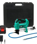 Cordless Grease Gun Kit With Variable Speed And 21V Max Liion Battery, charger, hose, and case.
