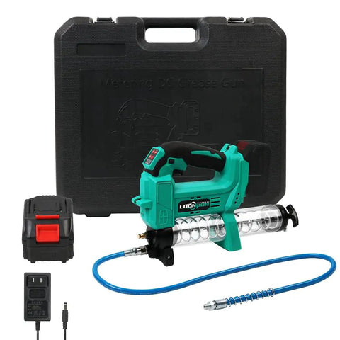 Cordless Grease Gun Kit With Variable Speed And 21V Max Liion Battery, charger, hose, and case.