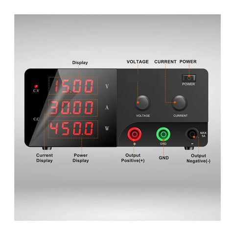 Display panel of Dope High Power Adjustable Switching Regulator DC Power Supply with voltage, current settings and output terminals