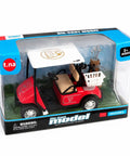Red And White Die Cast Metal Miniature Golf Cart Replica Featuring Steering Wheel Tan Seats And Storage Basket For Golf Party Decor Cake Topper Display With Sick Detail And Top Shelf Build Real Deal Value in packaging.