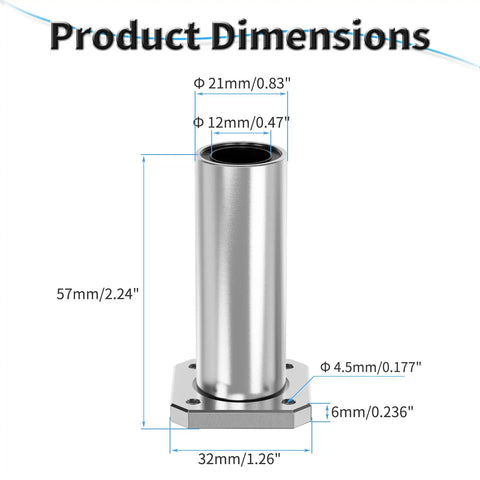 LMK12LUU Square Flange Linear Ball Bearing Set 12mm ID By 21mm OD By 57mm Length dimensions diagram