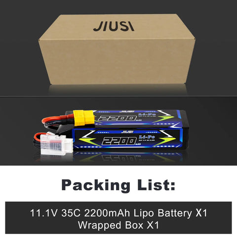 3S 11.1V 2200mAh LiPo Battery With XT60 Connector For RC Cars, Trucks, And Buggy, shown with packaging and packing list