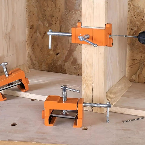 Precision Woodworking Clamp And Drilling Holding Clip With Adjustable Positioning For Clean Accurate Drilling Every Time Rock Solid Steel Grip For DIY Projects Furniture Making And Crafting in use on wood.