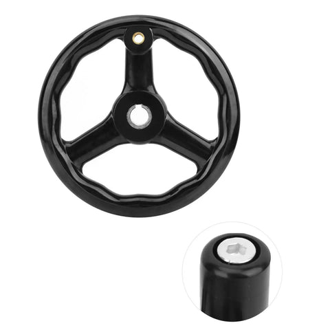 200mm Black Anti Slip Bakelite 3 Spoke Lathe Handwheel With Handle, featuring textured surface for precision control.