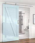 6 Foot Top Mount Stainless Steel Sliding Barn Door Hardware Track Kit For 30 To 36 Inch Single Doors Heavy Duty Anti Rust And Quiet Smooth Sliding Easy Install shown in modern bathroom setting