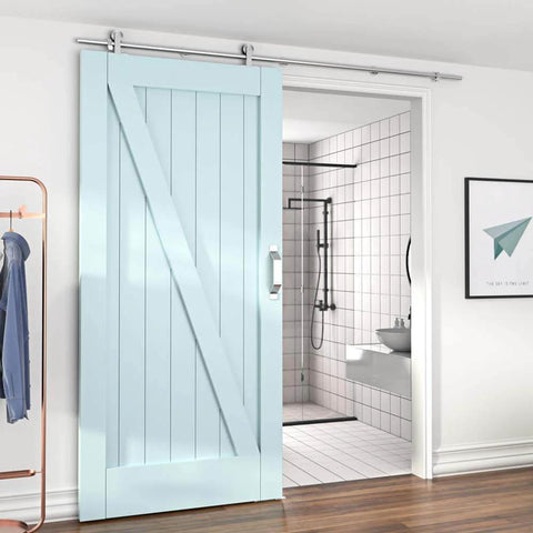 6 Foot Top Mount Stainless Steel Sliding Barn Door Hardware Track Kit For 30 To 36 Inch Single Doors Heavy Duty Anti Rust And Quiet Smooth Sliding Easy Install shown in modern bathroom setting