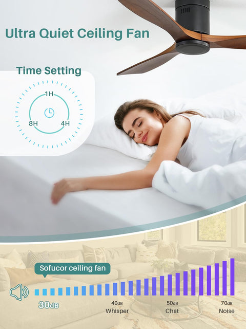 Woman sleeping under 52 Inch Solid Wood Ceiling Fan With Remote Control No Light Flush Mount Wood Blades Whisper Quiet DC Motor