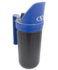 Handheld All Season Spreader For Ice Melt And Yard Care 5 Lb Capacity With Easy Dial Flow Control, blue and black close-up