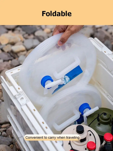 Person placing Foldable Water Storage Carrier Jug 3 To 15 Liter Collapsible Canister into box, showcasing portable handle