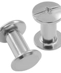 Straight Up Solid Chicago Screws 30 Pack M5 X 10mm Phillips Head Binding Rivets In Clean Silver Finish close-up of two screws.