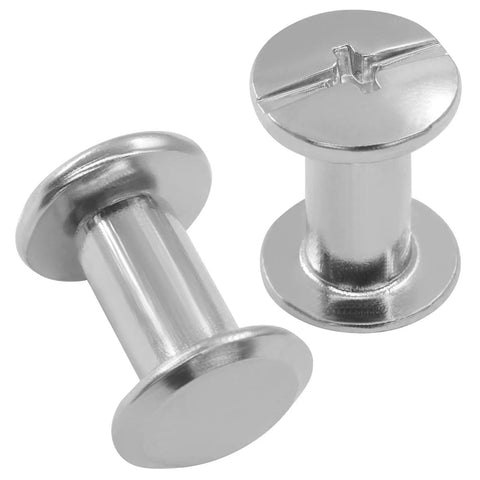 Straight Up Solid Chicago Screws 30 Pack M5 X 10mm Phillips Head Binding Rivets In Clean Silver Finish close-up of two screws.