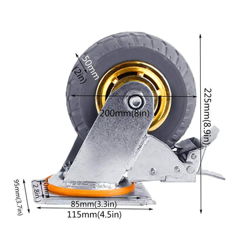 Heavy Duty Caster Wheels Rated For Over Eleven Hundred Pounds Ideal For Flatbed Carts And Trolleys showing side view with dimensions.