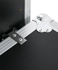 Detail of 14U DJ Rack Case With Heavy Duty Reinforced Frame And Tough As Nails Mobility Setup showing metal latch and frame.