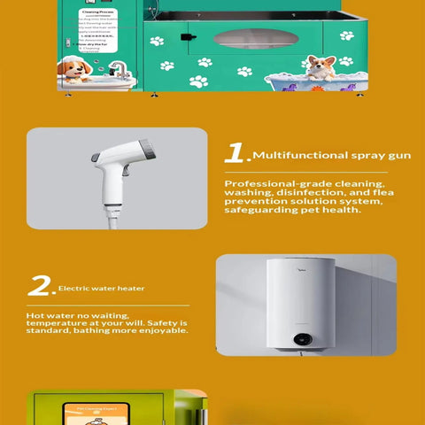 Illustration of a self serve pet bathing station showing a spray gun and water heater for dogs and cats grooming.
