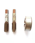 Rugged Right Hand M14 x 1.5 Metric Hand Tap And Die Set with taper tap, plug tap, and round die shown against white background.