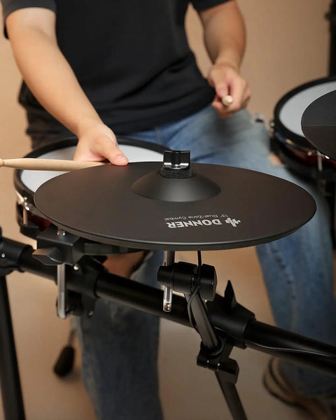 Person playing Mute Cymbal For Electronic Drums 13 Inch Dual Zone Crash With Bow And Edge Triggers, Instant Choke, Realistic Response