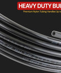 Close-up of Three Eighths Inch Black Nylon Air Brake Tubing DOT Compliant SAE J844 500 Foot Length Pneumatic Air Line Hose for Truck Trailer.