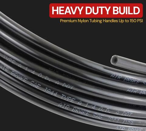 Close-up of Three Eighths Inch Black Nylon Air Brake Tubing DOT Compliant SAE J844 500 Foot Length Pneumatic Air Line Hose for Truck Trailer.