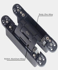 Rock Solid Hydraulic Invisible Door Hinges With Silent Close Mechanism Smooth Riding Zinc Alloy Cabinet Fittings No Sweat Installation Black Pair Heavy Duty Grade, top view showing zinc and aluminum alloy components.