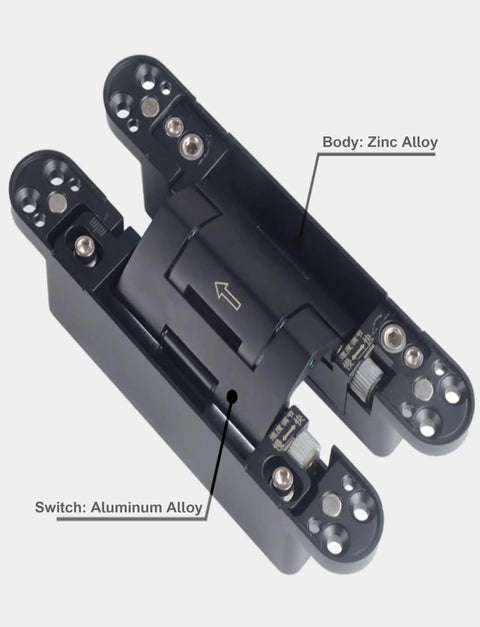 Rock Solid Hydraulic Invisible Door Hinges With Silent Close Mechanism Smooth Riding Zinc Alloy Cabinet Fittings No Sweat Installation Black Pair Heavy Duty Grade, top view showing zinc and aluminum alloy components.