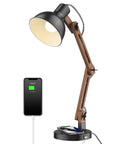 LED Desk Lamp With Wireless Charger And USB C Port Adjustable Swing Arm Sapele Wood Table Lamp Black with charging phone