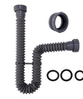 Expandable 1-1/2 Inch Sink Drain Kit With Flexible P-Trap, ABS rubber construction, shown with gaskets and adapter for installation