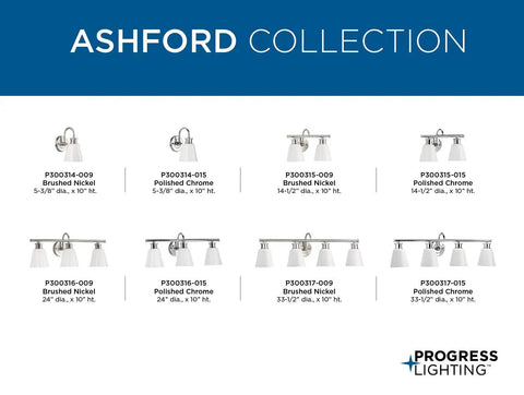 Three Light Bath Vanity Fixture From Ashford Collection In Brushed Nickel Finish Damp Rated Transitional Style Vanity Light With Classic Vibe For Your Bathroom displayed in a catalog of various fixtures.