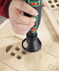 Hand using the 2 Pcs Mini Electric Grinder Locator Milling Attachment with precise positioning on wood.