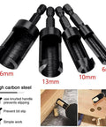 Heavy Duty Wood Plug Cutter Drill Bit Set featuring straight and tapered profiles in sizes 6mm, 10mm, 13mm, 16mm, black oxide coated.