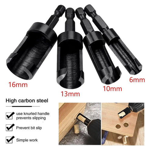 Heavy Duty Wood Plug Cutter Drill Bit Set featuring straight and tapered profiles in sizes 6mm, 10mm, 13mm, 16mm, black oxide coated.
