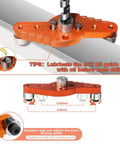 Self Centering Doweling Jig Kit With Drill Guide And Stop Collar Includes Four Drill Sleeves Six, Eight, Ten And Thirteen Millimeters And Drill Bits One Quarter, Five Sixteenths, Three Eighths, And One Half Inch For Hidden Shelf Brackets And Mantels For, shown in close-up with aluminum body and drill inserted.