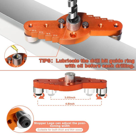 Self Centering Doweling Jig Kit With Drill Guide And Stop Collar Includes Four Drill Sleeves Six, Eight, Ten And Thirteen Millimeters And Drill Bits One Quarter, Five Sixteenths, Three Eighths, And One Half Inch For Hidden Shelf Brackets And Mantels For, shown in close-up with aluminum body and drill inserted.