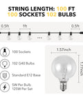 Diagram showing 100 Ft Outdoor String Lights With 102 G40 Bulbs Warm White 2200K Incandescent, dimensions and specifications.