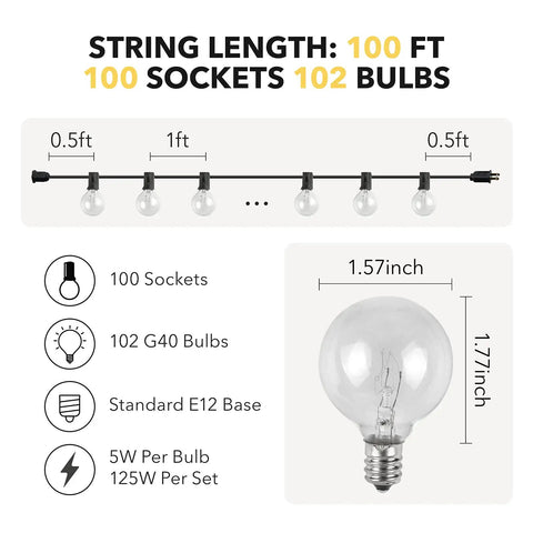 Diagram showing 100 Ft Outdoor String Lights With 102 G40 Bulbs Warm White 2200K Incandescent, dimensions and specifications.