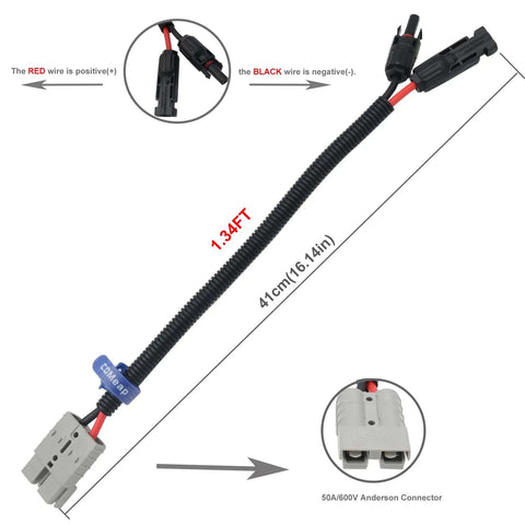 Heavy Duty MC-4 To 50A/600V Anderson Solar Panel Connector Cable With 10 AWG Tinned Copper Wire, 1.34ft length, product image.
