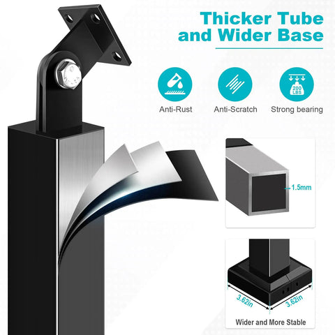 Heavy Duty Steel Stair Baluster Posts With Rust Resistant Black Finish and Quick Adjusting Brackets for Solid Porch Deck Rail Support, showcasing thicker tube design.