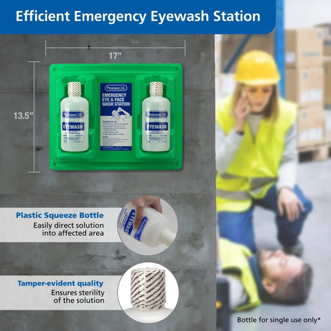 Front view of PhysiciansCare wall-mount eyewash station with two 32 oz plastic eye wash bottles on a green panel