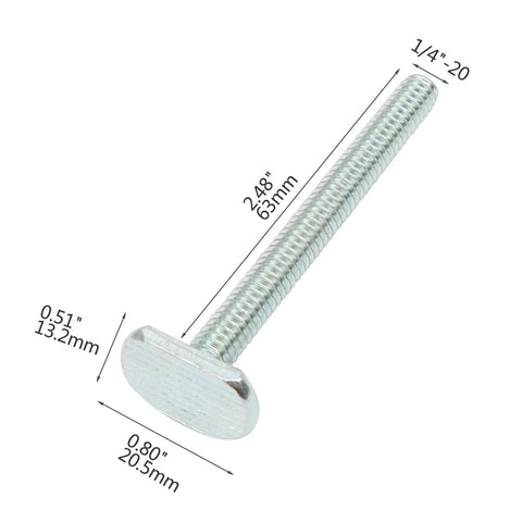 Quarter Inch 1/4-20 T Track Bolt Set, 2-1/2 Inch Length, Drop-In Sliding T Slot Bolt with dimensions visible, zinc plated steel